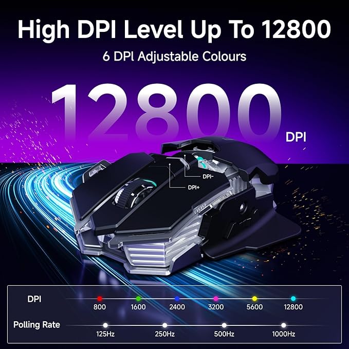 EWEADN G5 Wireless Gaming mouse, 12800 Adjustable DPI Ergonomic Mouse with 6 RGB Backlit Modes, Rapid Fire Key, 9 Programmable Macro Buttons, Rechargeable Bluetooth Mouse for PC/Mac/Laptop - Black