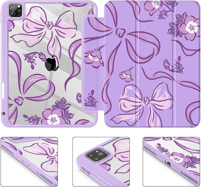 Mektron Case for iPad Pro 11 inch (4th, 3rd, 2nd & 1st Gen) 2022 2021 2020 2018, Buit in Pencil Holder with Shockproof Cover Clear Shell + Auto Wake/Sleep, Flowers-Bows-Purple