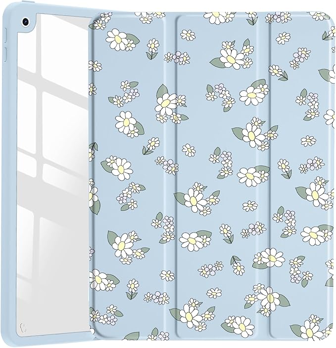 JOYLAND Countryside Style Floral Pattern Case for iPad 7th/8th/9th Generation, Clear Transparent Acrylic Hard Back Case with Pencil Holder Trifold Stand Tablet Cover for iPad 10.2" 2019/2020/2021