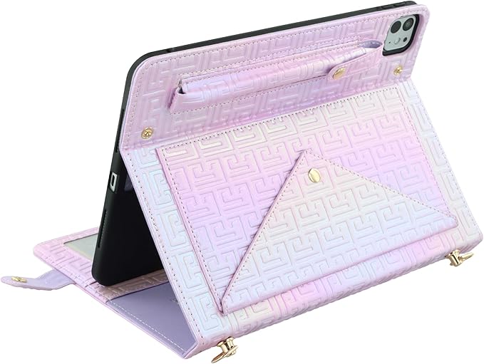 Shiny Case for iPad Pro 11" M5 M4 (2025/2024) Handbag Case, Techcircle Iridescent PU Leather Folio Envelope Pocket Stand Cover with Hand Strap+Shoulder Strap+Pencil Holder+Card Slots, Shiny Lilac