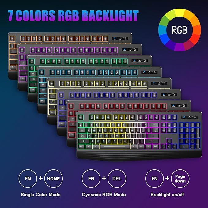 Wireless Gaming Keyboard, RGB & Single-Color Backlit, Full-Size Waterproof Computer Keyboard, Silent Keys, Wrist Rest, Sleep Mode, Rechargeable 2.4G Wireless Keyboardfor Windows, Mac, PC, Laptop