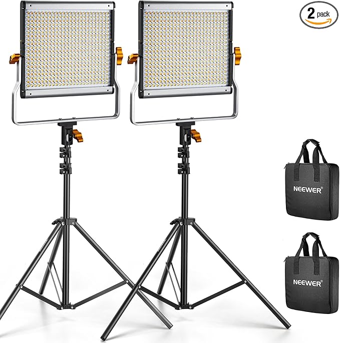 Neewer 2 Packs Dimmable Bi Color 480 LED Video Light Kit, 3200~5600K CRI 96+ LED Panel with U Bracket, 75 inches Tripod Light Stand for YouTube Recording Studio Photography Streaming Key Lighting