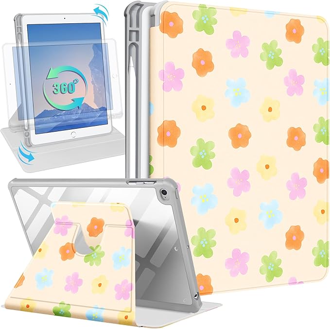 Uppuppy for iPad 5th/6th Generation Case for iPad Air 1st/Air 2nd/Pro 9.7 inch 2016 Case - 360 Rotating Stand Folio Smart Cover with Pencil Holder for Women Girls, Colorful Flowers for Apple Tablet