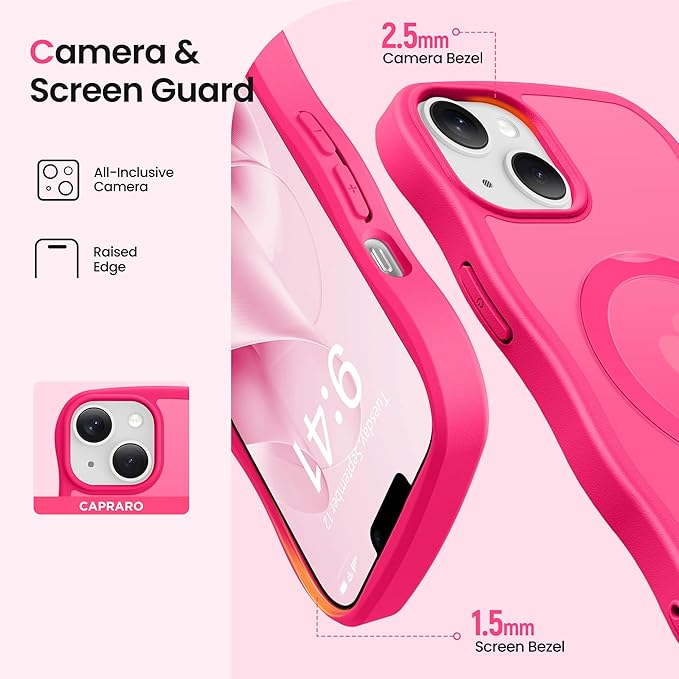 CAPRARO for iPhone 13 Case & iPhone 14 Case with 360° Spin Magnetic Stand for Women, [Compatible with MagSafe] [Camera Protection] Cute Wave Translucent Matte Case for iPhone 13/14, Hot Pink