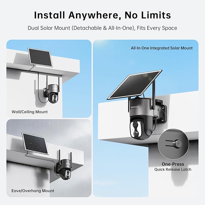 SEHMUA 4G LTE Cellular Solar Security Camera Wireless Outdoor, 2K No WiFi Security Cam, Color Night Vision, Easy to Install with One-Press Quick Release Latch, PIR Alarm, IP65 Weatherproof