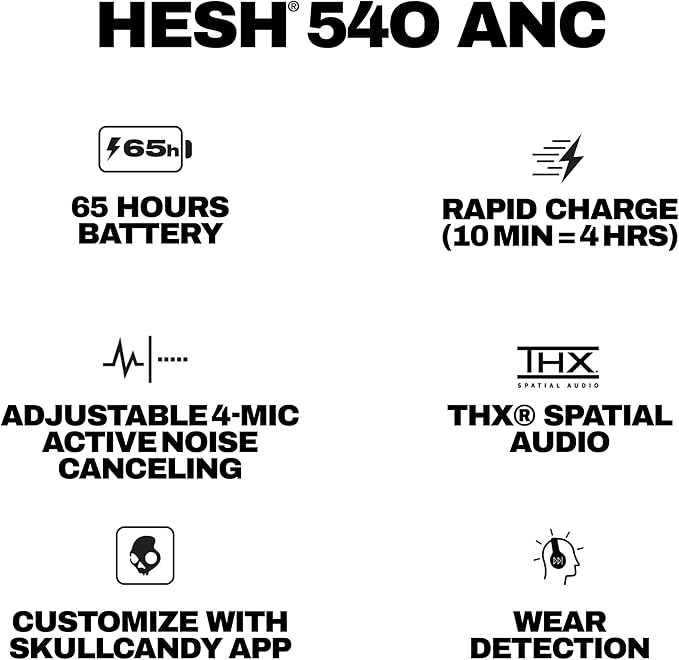 Skullcandy Hesh 540 ANC Wireless Over-Ear Bluetooth Headphones with THX Spatial Audio, Active Noise Cancelling, Personalized Sound, Up to 65 Hours Battery, Microphone for iPhone Android - True Black