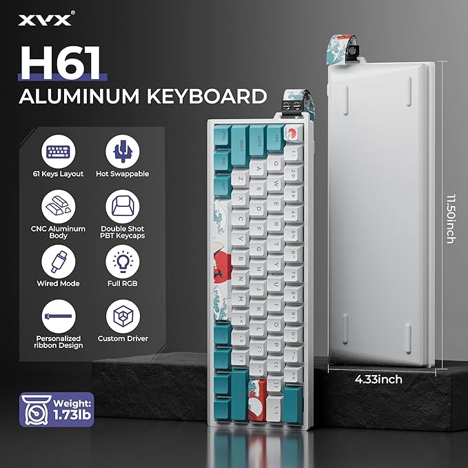 HITIME x XVX 60% Percent Keyboard with Strap, H61 Wired Aluminum Gaming Keyboard, Hot Swappable, Kanagawa Anime PBT Keycaps, RGB Backlit, Cherry Profile, Sound Absorbing Pads, Creamy Linear Switch