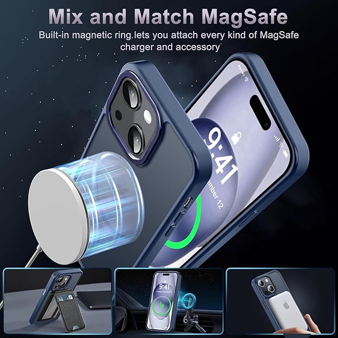 Newfuture Magnetic for iPhone 15 Case [Compatible with Magsafe] [Military Grade Drop Protection] Translucent Matte Anti-Fingerprint Shockproof Phone Case for iPhone 15 6.1 inch, Navy Blue
