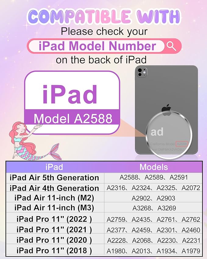 Boaretiu for iPad Air 11 Inch Case M3/M2 - for iPad Pro 11 Inch Cute Cartoon 3D Mermaids Girls Teens Soft Silicone Air 4th/5th Generation 10.9" Tablet Cover with Strap & Rotating Stand