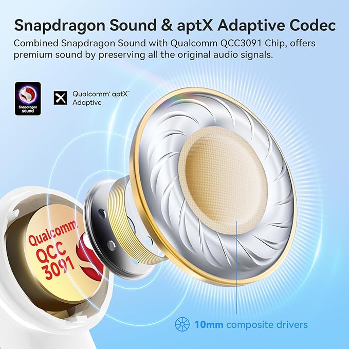 EarFun Air Pro 4 Adaptive Hybrid Noise Canceling Wireless Earbuds, Qualcomm Snapdragon Sound, aptX Lossless, 6 Mics AI CVC 8.0 Call, LDAC Hi-Res Audio, 52H Playtime, Bluetooth 5.4 (Glossy White)