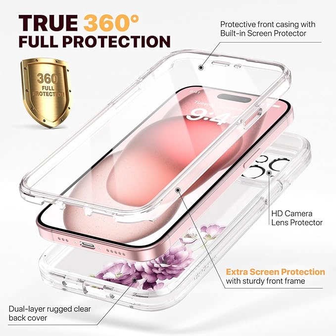 Diaclara Designed for iPhone 15 Case, Full Body Rugged Case with Built-in Touch Sensitive Anti-Scratch Screen Protector, with Camera Lens Protector for iPhone 15 6.1" (Peony)