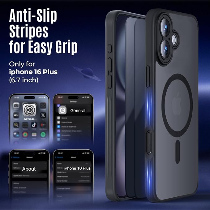 Symcele Designed for iPhone 16 Plus Case, Compatible with MagSafe, with Privacy Screen Protectors X2, [Camera Protection] [15FT Military Drop Protection] Shockproof Phone Case, 6.7", Black