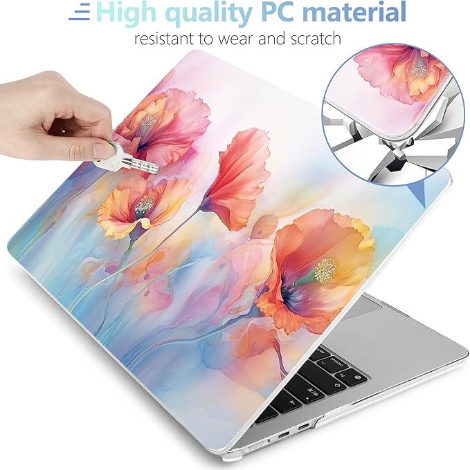 MEEgoodo Case for M5/M4/M3/M2 MacBook Air 15 inch Case 2026 2025 2024 2023, Laptop Shell Fit Model (A3448/A3241/A3114/A2941) for MacBook Air 15.3-inch, Field Rainbow Poppies