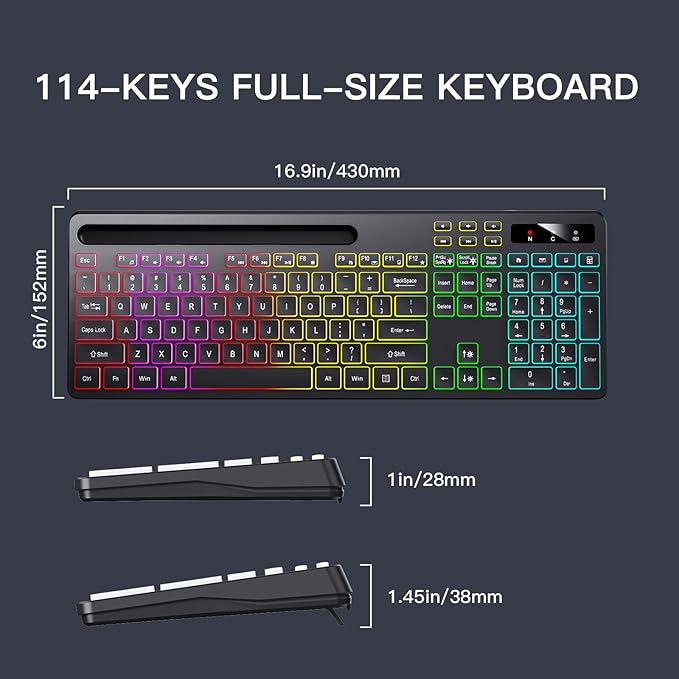 Soueto Wireless Keyboard with 7-Color RGB Backlit, Full-Size Computer Keyboard with Phone Tablet Holder, 2.4G Rechargeable Gaming Keyboard with Light Up Keys, Compatible with Mac, Windows (Black)
