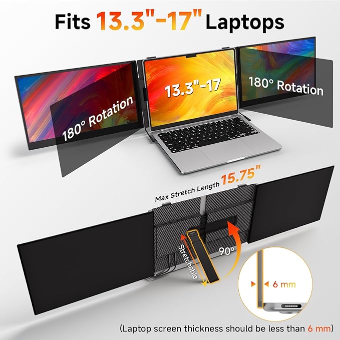 BOSII Laptop Screen Extender Monitor - Triple 14" Ultra Thin IPS FHD 1080P Portable Monitors for 13.3"-17" Laptops Compatible with Windows Mac Travel Work