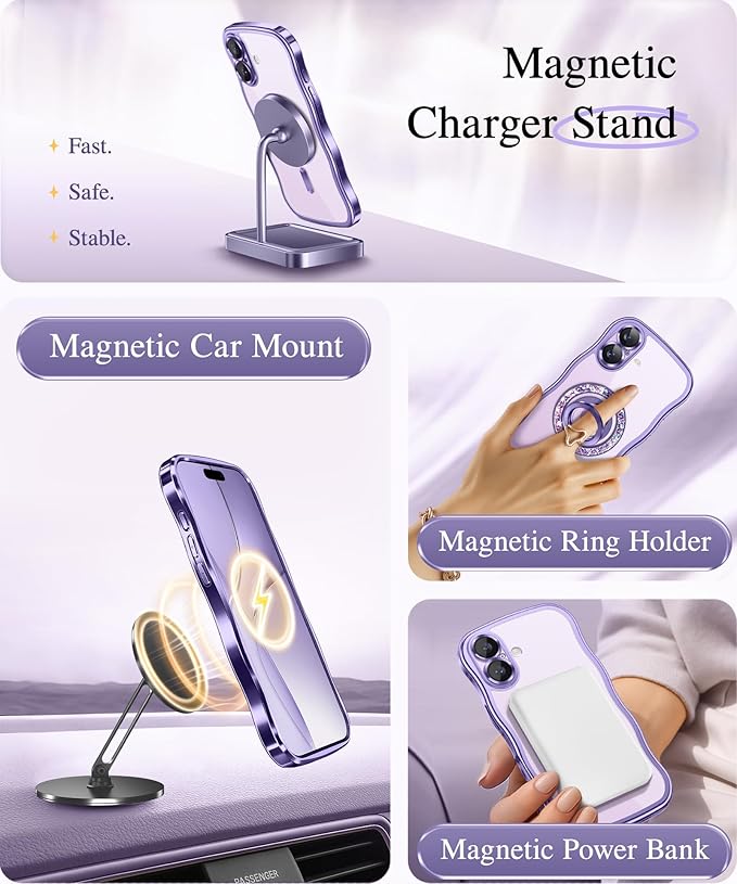 GVIEWIN for iPhone 17 Case Compatible with MagSafe, Upgraded [Full Camera Protection][Cute Wave Frame][Military Grade Protection] Electroplated Hard Phone Cover for Women Girl, Clear Purple
