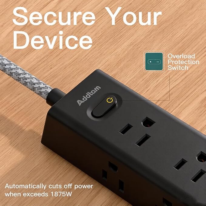 Addtam Black Power Strip Surge Protector with 12 AC Outlets & 4 USB Ports, 15FT Extension Cord, Flat Plug, Wall Mount, 1050J, Outlet Extender for Home Office Gaming Desk Setup, ETL Listed