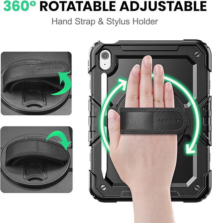SEYMAC Case for iPad (A16) 11th/10th Generation 2025/2022 (11″/10.9″), Sturdy Heavy Duty Full-Body Shockproof Protective Case with Screen Protector, Rotating Stand, Hand/Shoulder Strap, Black