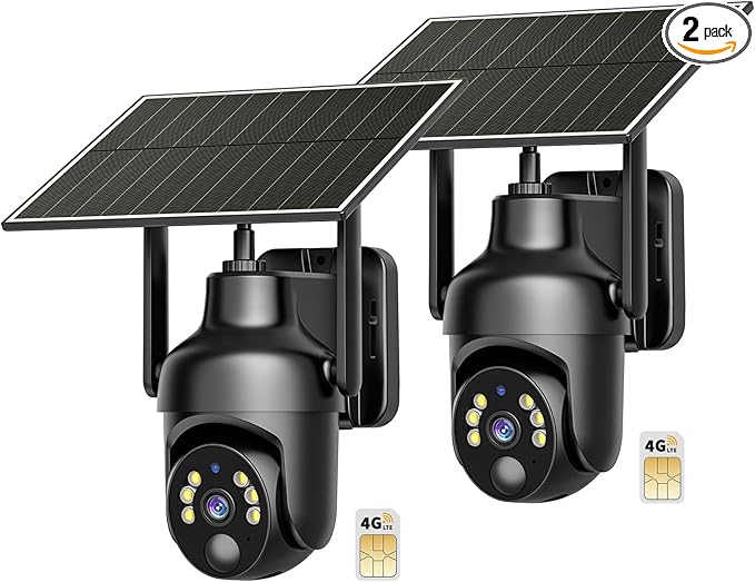 No WiFi Security Camera with Built-in 4G LTE SIM Card, 360° Panoramic View, 2K Live Video, Color Night Vision, Instant Alerts, Phone Access, Solar Cellular Camera Outdoor for Remote Area (2PC)