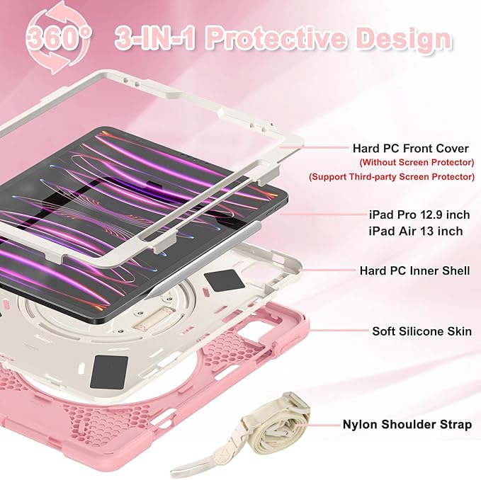 BRAECNstock Case for Apple iPad Air 13 inch (M4/M3/M2)/ iPad Pro 12.9 inch 6th/5th/4th/3rd Gen, Shockproof Protective Case with Pen Holder, 360° Rotating Stand & Hand Strap, Shoulder Strap, Rose Gold