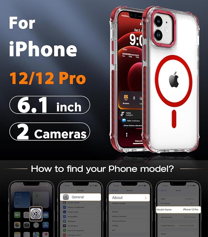 DEERLAMN Strong Magnetic Case for iPhone 12/12 Pro 6.1-Inch,[Compatible with Magsafe][Military Grade Drop Protection] Clear Slim Shockproof Protective Phone Cover-Transparent+Red