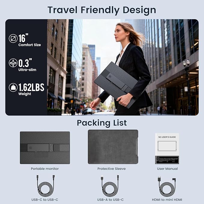 FLYTOCCA Portable Monitor, 16 Inch FHD 1200P, Horizontal/Vertical Monitor, Plug & Play, Built-in Speakers & Headphone Jack, Travel Monitor for Laptop with Premium Smart Cover