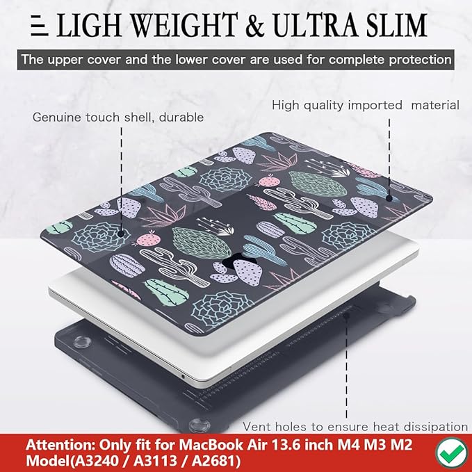 CISSOOK Laptop Hard Shell Case for MacBook Air 13.6 Inch Case 2026 2025 2024 2022 Release A3449 A3240 A3113 A2681 Cute Cacti Shell with Keyboard Cover for MacBook Air 13-inch M5 M4 M3 M2 Chip, Cactus