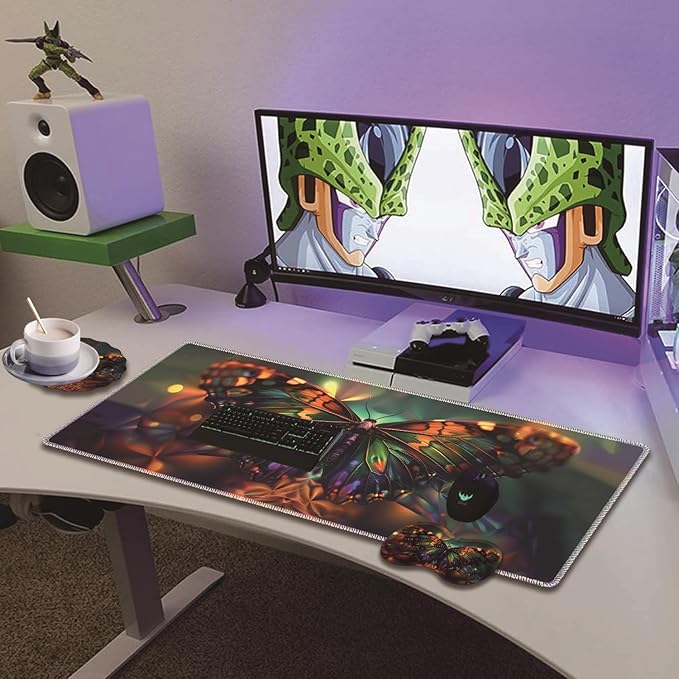 Extended Non-Slip Mouse Pad + Mouse Wrist Rest + Lace-Shaped Coaster Set, Ergonomic Design, Suitable for Desk and Home Gaming Table Mat, Psychedelic Butterfly