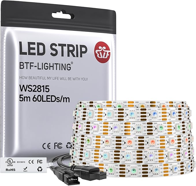 BTF-LIGHTING WS2815 (Upgraded WS2812B) LED Strip Light,UL Listed,16.4FT 300 LED/Pixels,Flexible Chasing RGB,Dual Signal Individually Addressable,5050SMD,3M Tape,DC12V IP30(No Adapter or Controller)