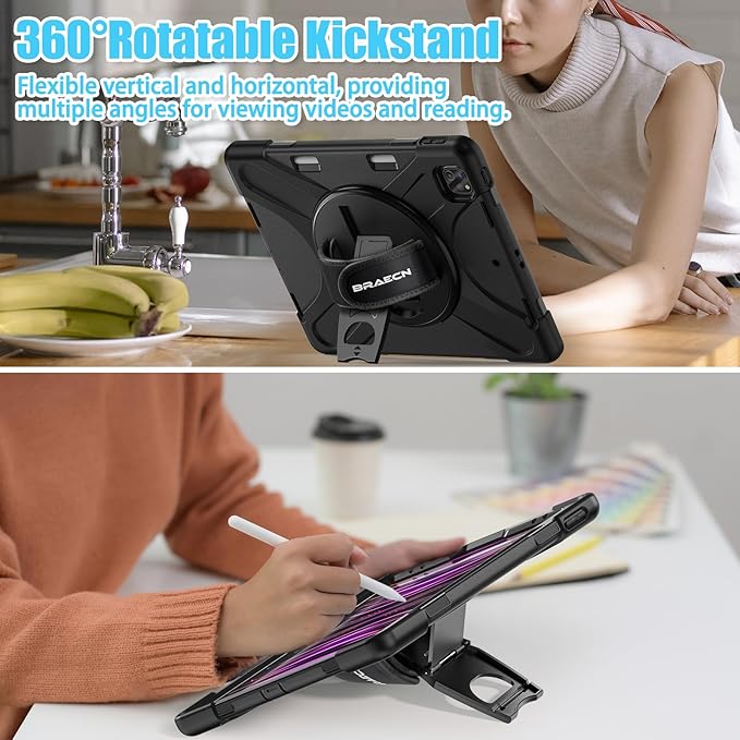 BRAECNstock for Apple iPad Air 13 inch (M4/M3/M2)/ iPad Pro 12.9 inch 6th/5th/4th/3rd Gen Case, Shockproof Protective iPad Kids Case with Pen Holder, Rotating Stand & Hand Strap, Shoulder Strap, Black