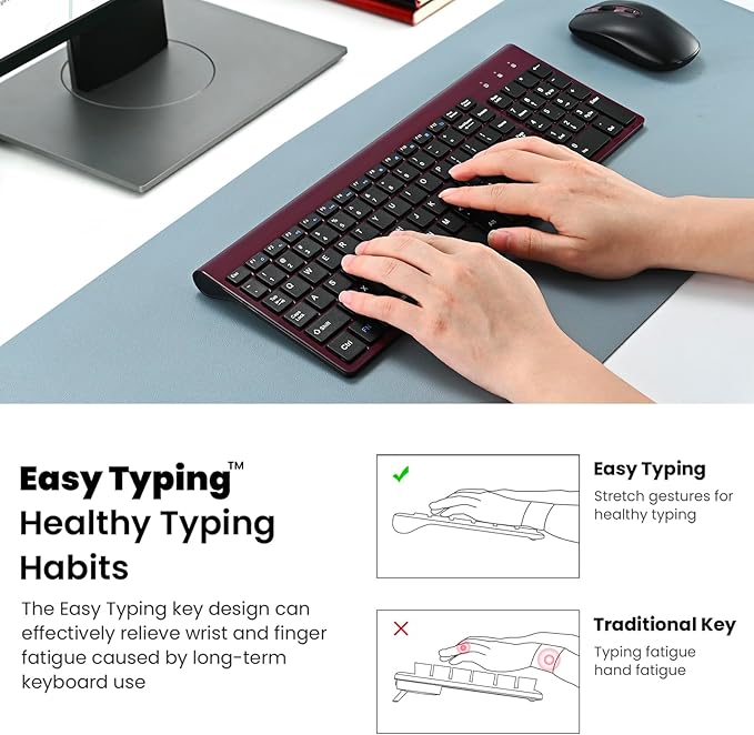 cimetech EasyTyping KF10 Wireless Keyboard and Mouse Combo, [Silent Scissor Switch Keys][Labor-Saving Keys] Ultra Slim Wireless Computer Keyboard and Mouse, Easy Setup for PC/Laptop/Windows - Wine Red