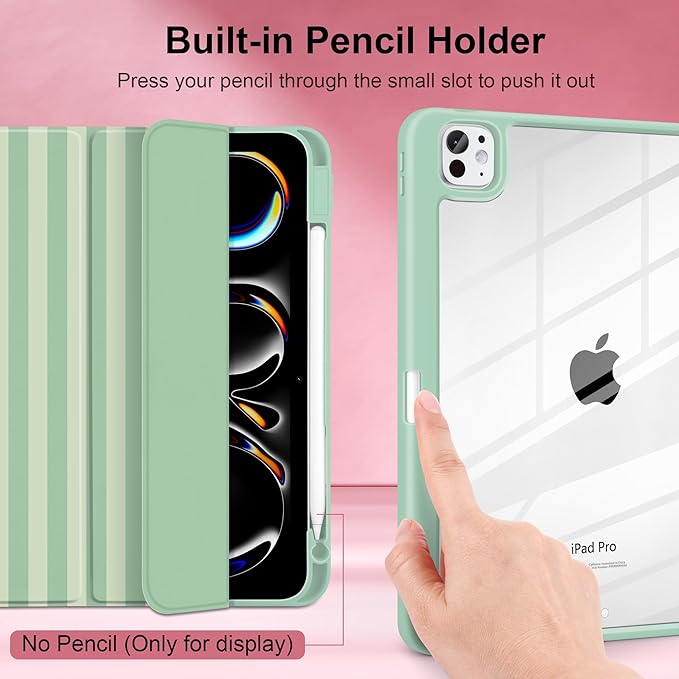 Case for iPad Pro 11 Inch (M5 2025 M4 2024) – [Built-in Pencil Holder], Shockproof & Stylish, Clear Hard Back + Soft TPU Edge, Magnetic Trifold Stand, Auto Wake/Sleep, Green Striped