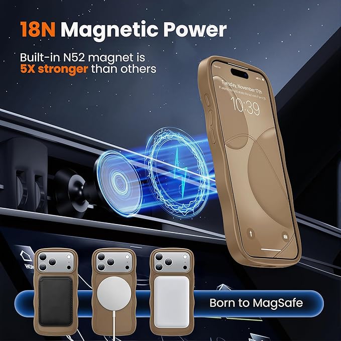 toushion for iPhone 17 Pro Max Case Cute Brown,Fits MagSafe,Matte Skin Feeling Back,Curly Wave Edge,Slim & Durable & Stylish,Cover Military-Grade Protection