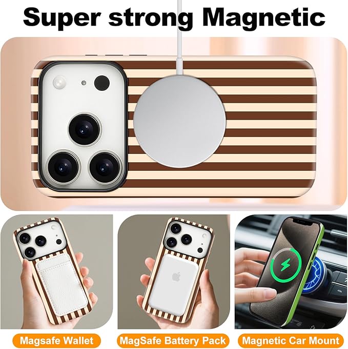 Magnetic for iPhone 17 Pro Max Case Cute Stripes Phone Case, Shockproof Slim TPU and Hard PC Protective Phone Cover Compatible with MagSafe Designed for Women Girls, Brown
