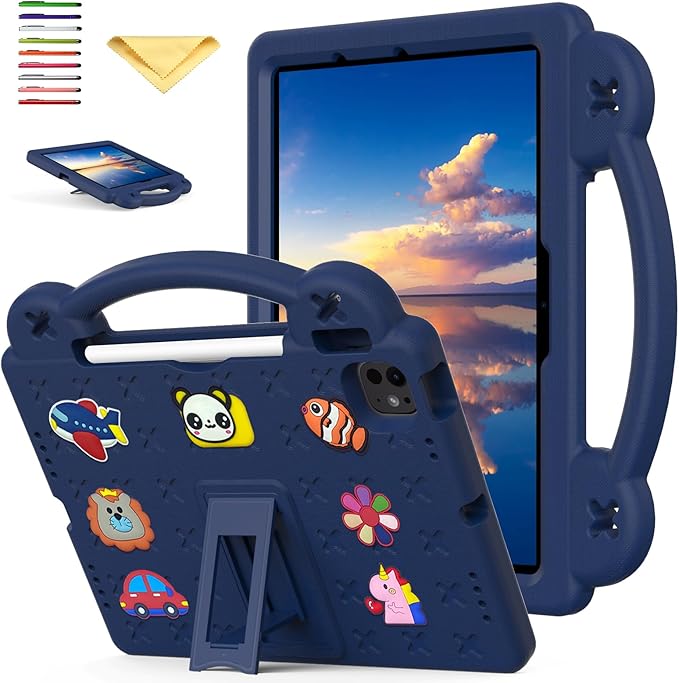 for Apple iPad Pro 11 Inch Kids Case (M5/M4) 2025/2024 with Pencil Holder/Kickstand/Handle Stand Lightweight Cute DIY Soft EVA Shockproof Rugged Silicone Girls Boys Cover, Navy Blue Bear