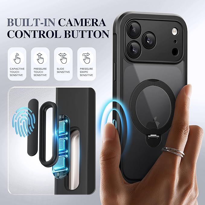 BERFY for iPhone 17 Pro Case, Compatible with MagSafe, Built in Privacy Screen Protector, Shockproof Full Body Phone Case for 17 Pro with Magnetic Stand, Clear Black
