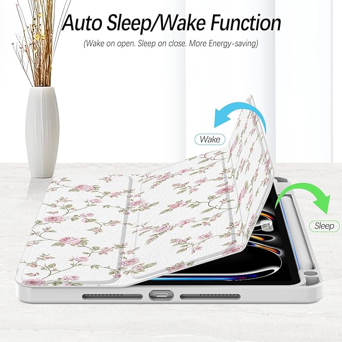 Case for iPad Pro 11-Inch M5/M4 2025/2024 (6th/5th Generation), Case with Pencil Holder, Clear Back Cover Cute Cool Design for Women Girls, Auto Sleep/Wake, Pink Flower