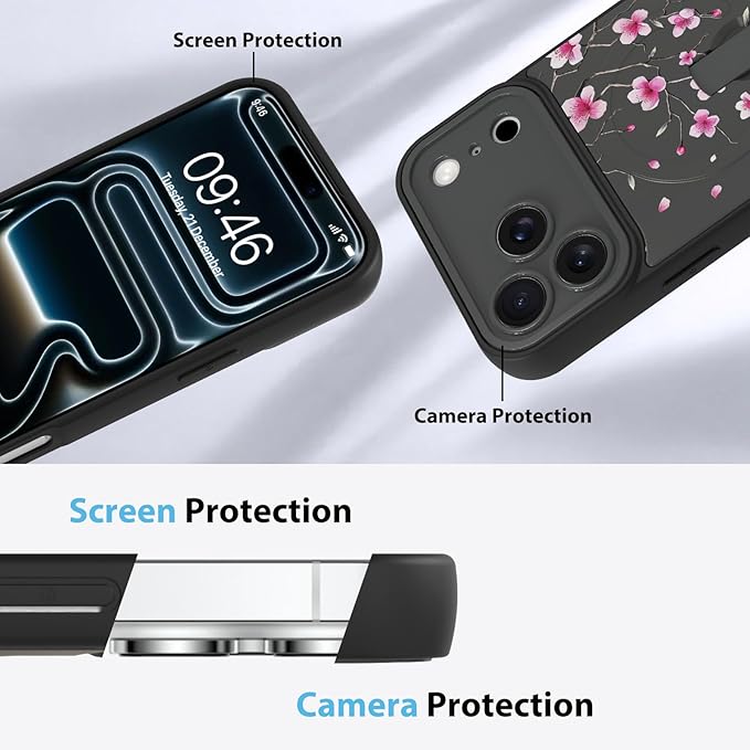 KANGHAR Compatible with iPhone 17 Pro Case, Magnetic Compatible with MagSafe, Cute Flower Floral Pattern Wristband Kickstand Full Camera Lens Shockproof Protective Case for Girls Women, Black