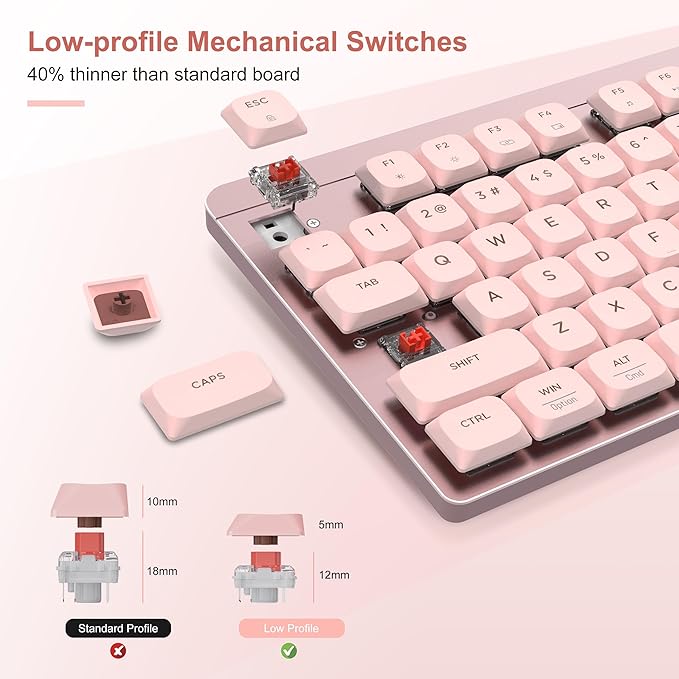LeadsaiL Wireless Keyboard and Mouse Combo, 2.4Ghz Cordless Mechanical Keyboard and Silent Mouse for Business, Low-Profile Red Switch, 98-Key Compact Slim Keyboard for Windows/MacOS PC Laptop - Pink