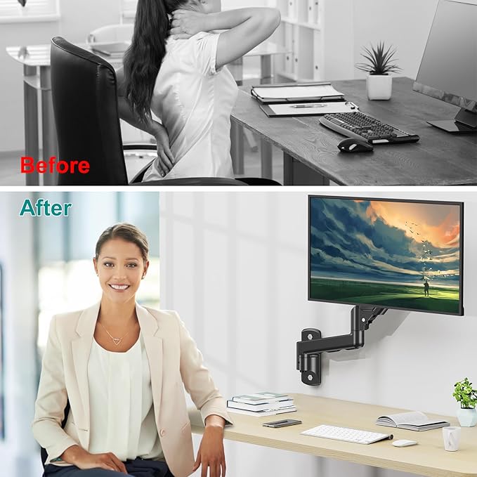 Monitor Wall Mount Fits 17-32 Inch Flat/Curved Computer Screens, Single Arm Holds up to 19.8lbs, Height Adjustable Gas Spring Wall Monitor Stand Tilt, VESA Mount 75x75/100x100