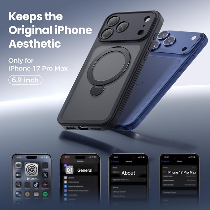 for iPhone 17 Pro Max Case [ 360° Spin Magnetic Stand] [Full Camera Protection] Compatible with Magsafe, 15FT Military-Grade Protection, Translucent Matte Anti-Slip Phone Case 6.9'', Black