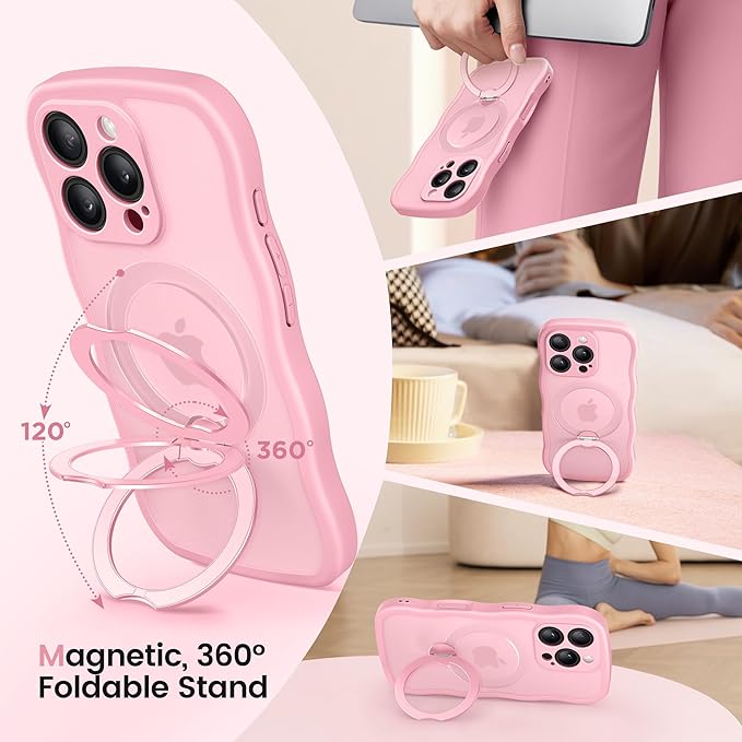 CAPRARO for iPhone 16 Pro Max Case with 360° Spin Magnetic Stand for Women, [Compatible with MagSafe] [Full Camera Protection] Cute Wave Translucent Matte Case for iPhone 16 Pro Max, Peach Pink