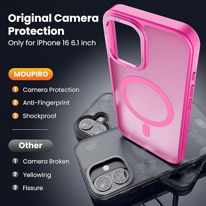 for iPhone 16 Case with 2X Screen Protectors [Compatible with MagSafe] Military Grade Drop Protection Skin Feeling Back Cover Shockproof Slim Fit iPhone 16 Phone Case 6.1 inch,Pink