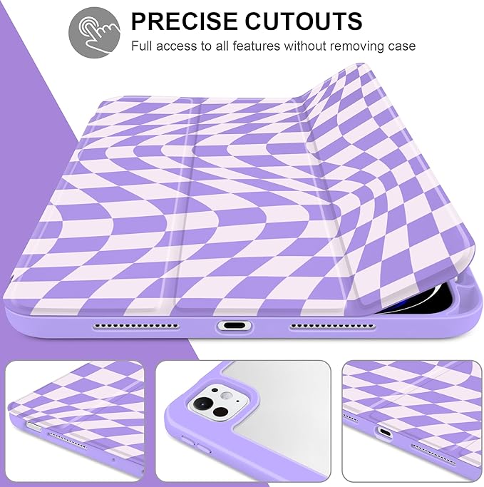 TWOLSKOO Case for iPad Pro 11-inch (M5 2025 / M4 2024), Clear Acrylic Back with TPU Bumper, Pencil Holder, Trifold Stand, Auto Sleep/Wake, Purple Wavy Checker