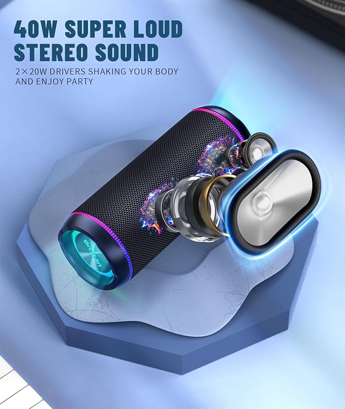 Ortizan Portable Bluetooth Speaker (3nd Gen), Bold 40W Sound with DSP Bass Boost, IPX7 Waterproof, 30Hrs of Playtime, TWS, BT 5.3, Colorful Lights, EQ, USB, Wireless for Home, Outdoor, Party - Black