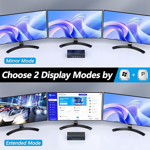 KVM Switch 3 Monitors 3 Computers, ANXQQ 8K@60Hz 4K@144Hz Triple Monitor KVM, HDMI + Displayport KVM Switch with 4 USB 3.0 Ports, 3 Monitor KVM with Power Adapter and Wired Remote