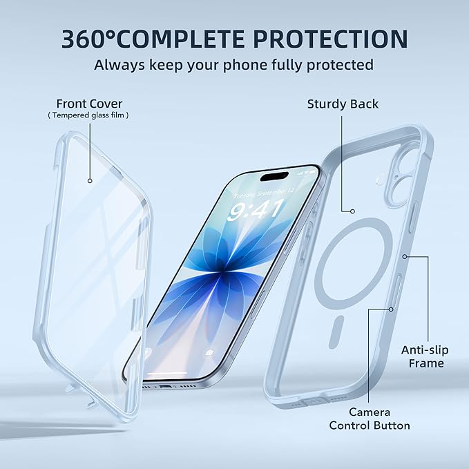 BERFY for iPhone 17 Case, Compatible with MagSafe, Built-in Glass Screen Protector, Camera Protection, Shockproof Full Body Phone case 6.3", Clear Blue