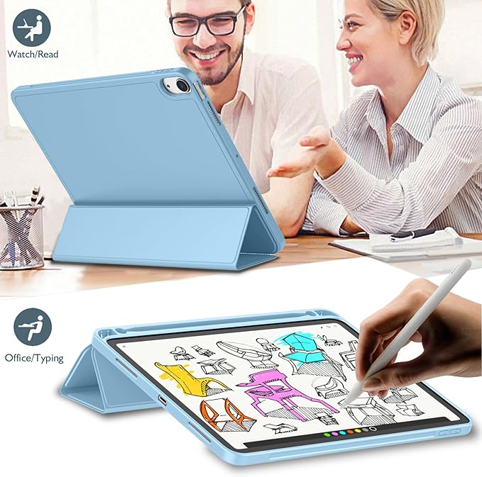 iMieet iPad Air 11 Inch Case M4/M3/M2(2026/2025/2024), iPad Air 5th/4th Generation Case 2022/2020 10.9 Inch with Pencil Holder,Trifold Stand Smart Case with Soft TPU Back(Azure Blue)