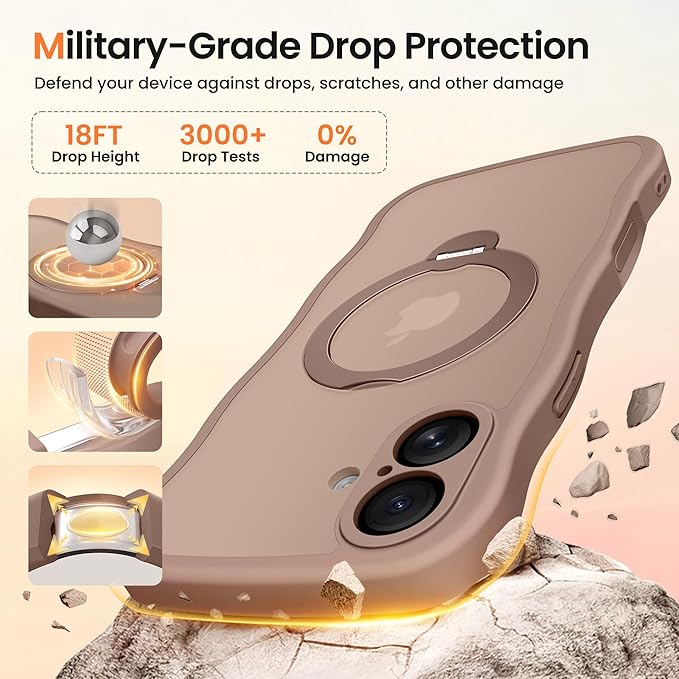 CAPRARO for iPhone 16 Case with 360° Spin Magnetic Stand for Women, [Compatible with MagSafe] [Full Camera Protection] Cute Wave Translucent Matte Case for iPhone 16, Brown