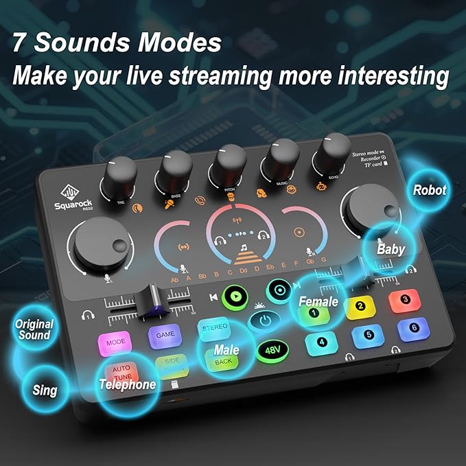 Podcast Equipment Bundle,5RGB Mixer with XLR-6.5mm interface,Dynamic Microphone, TF Card, Surround Sound, Suitable for Streaming/TikTok/YouTube, Compatible with Mobile Phones, PC,Camera RS2